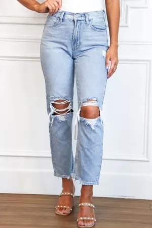 Callaway Distressed High Waisted Straight Denim: Light Wash