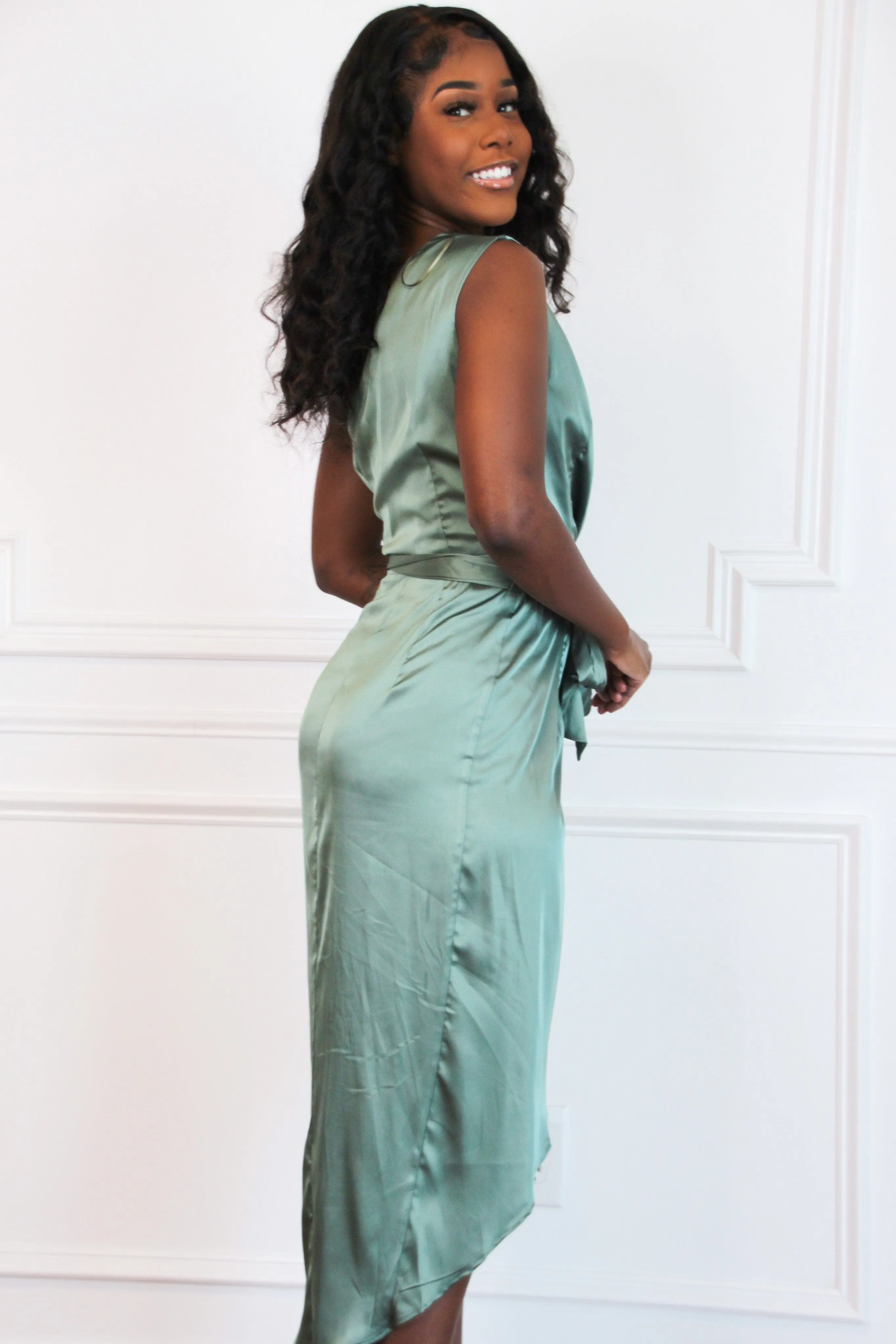 Camilla Satin Midi Dress: Sage