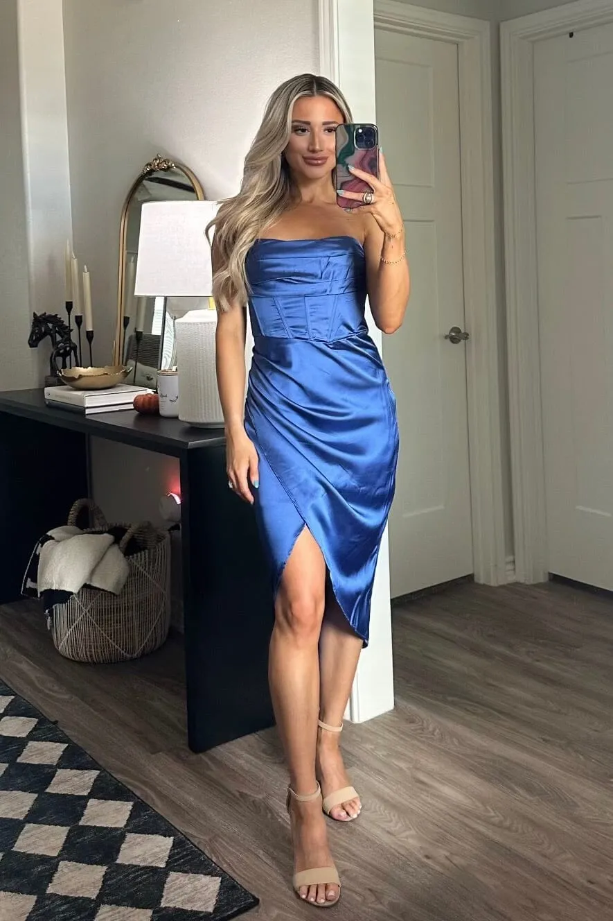 Candace Satin Bustier Midi Dress: Cobalt Blue