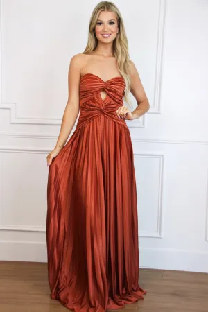Carolina Strapless Pleated Maxi Dress: Rust