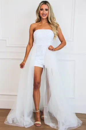 Carrington Strapless Sequin Tulle Cape Romper: Opal Iridecent