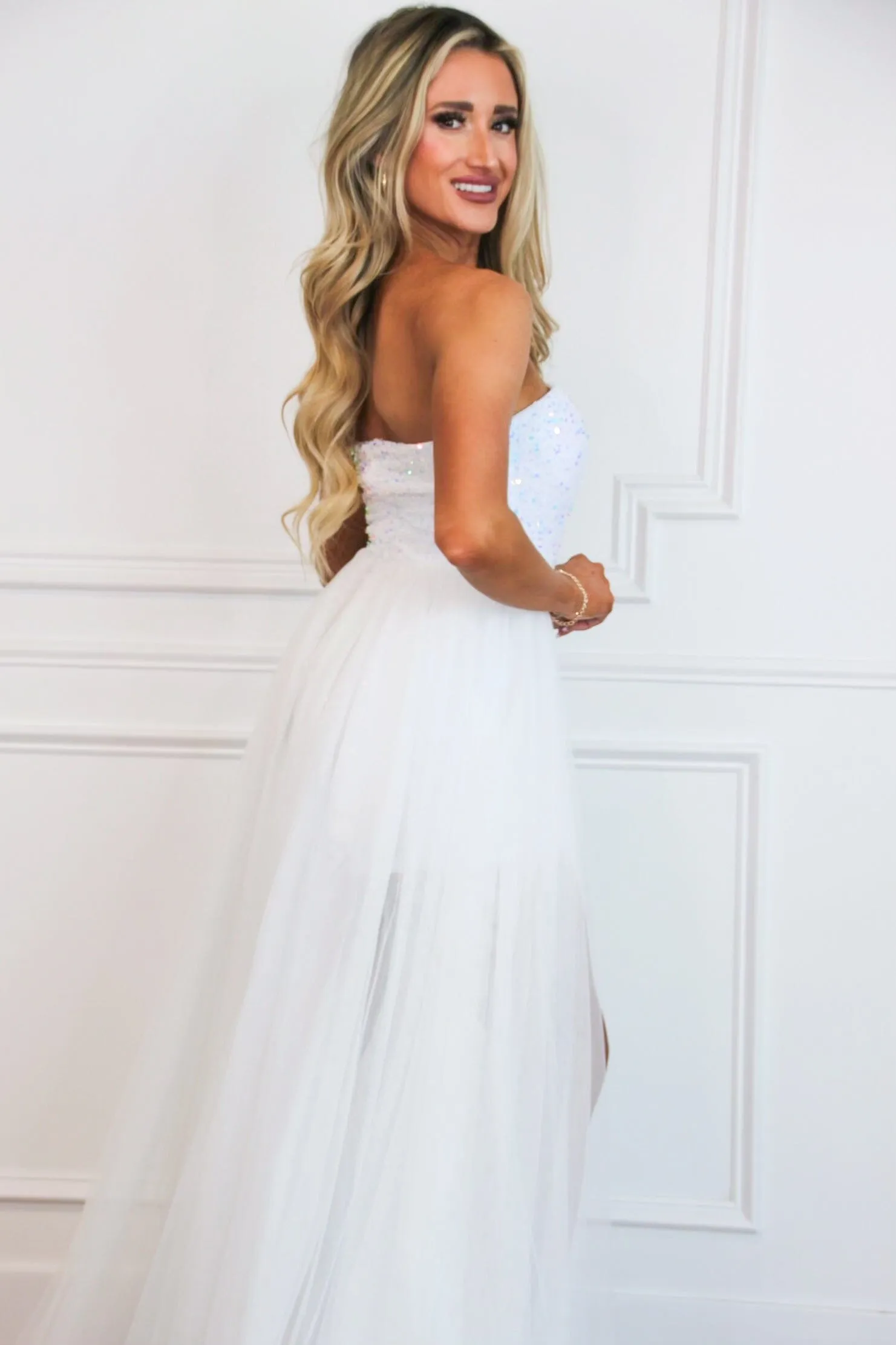 Carrington Strapless Sequin Tulle Cape Romper: Opal Iridecent