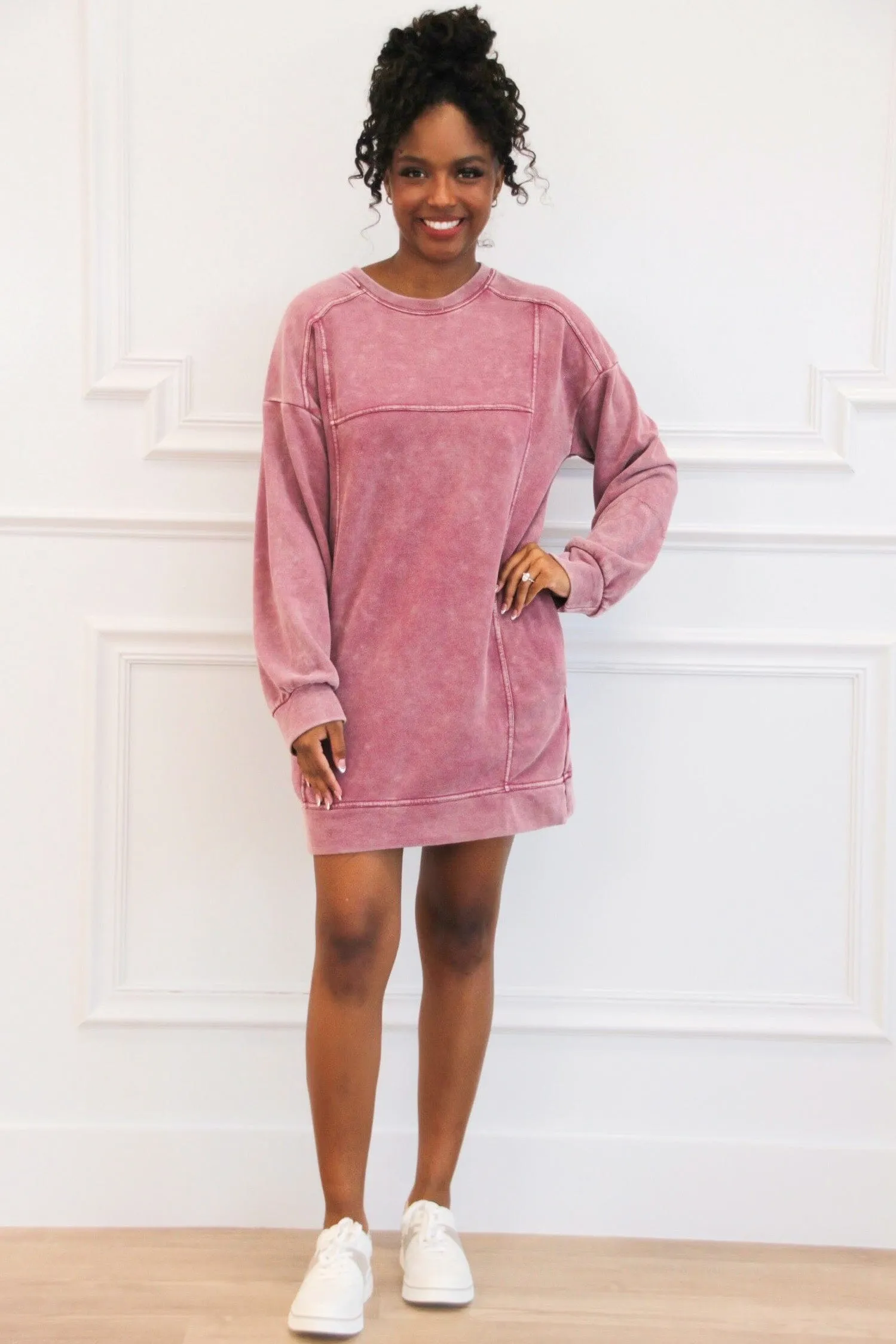 Casual Days Oversized Washed Sweatshirt Tunic Dress: Magenta