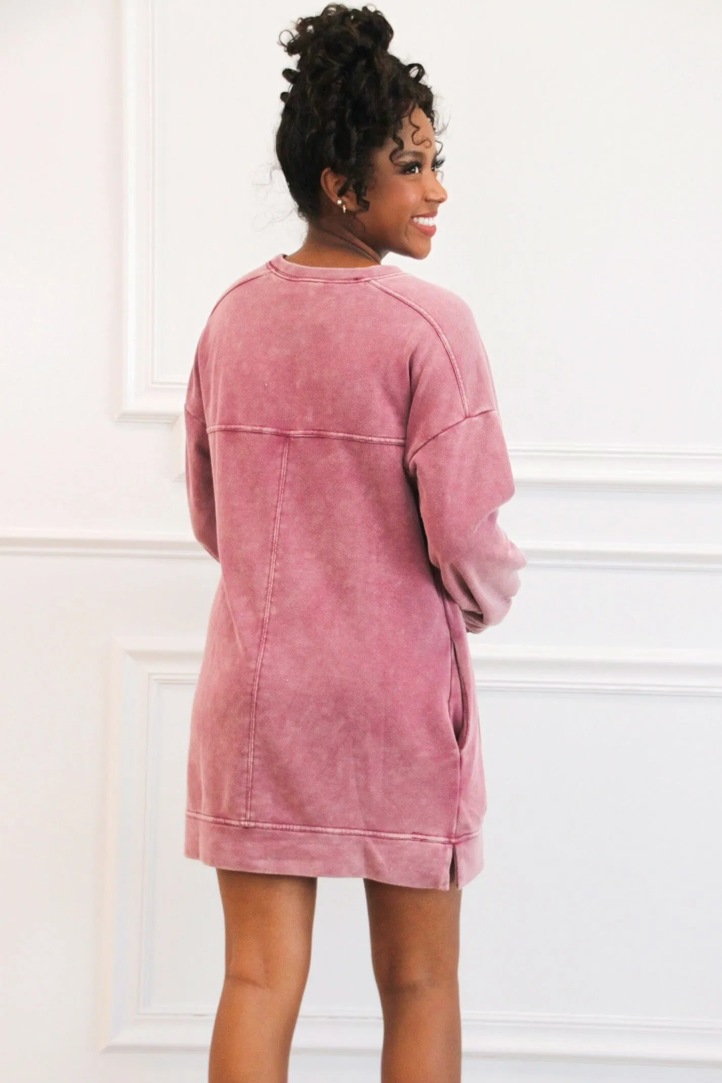 Casual Days Oversized Washed Sweatshirt Tunic Dress: Magenta