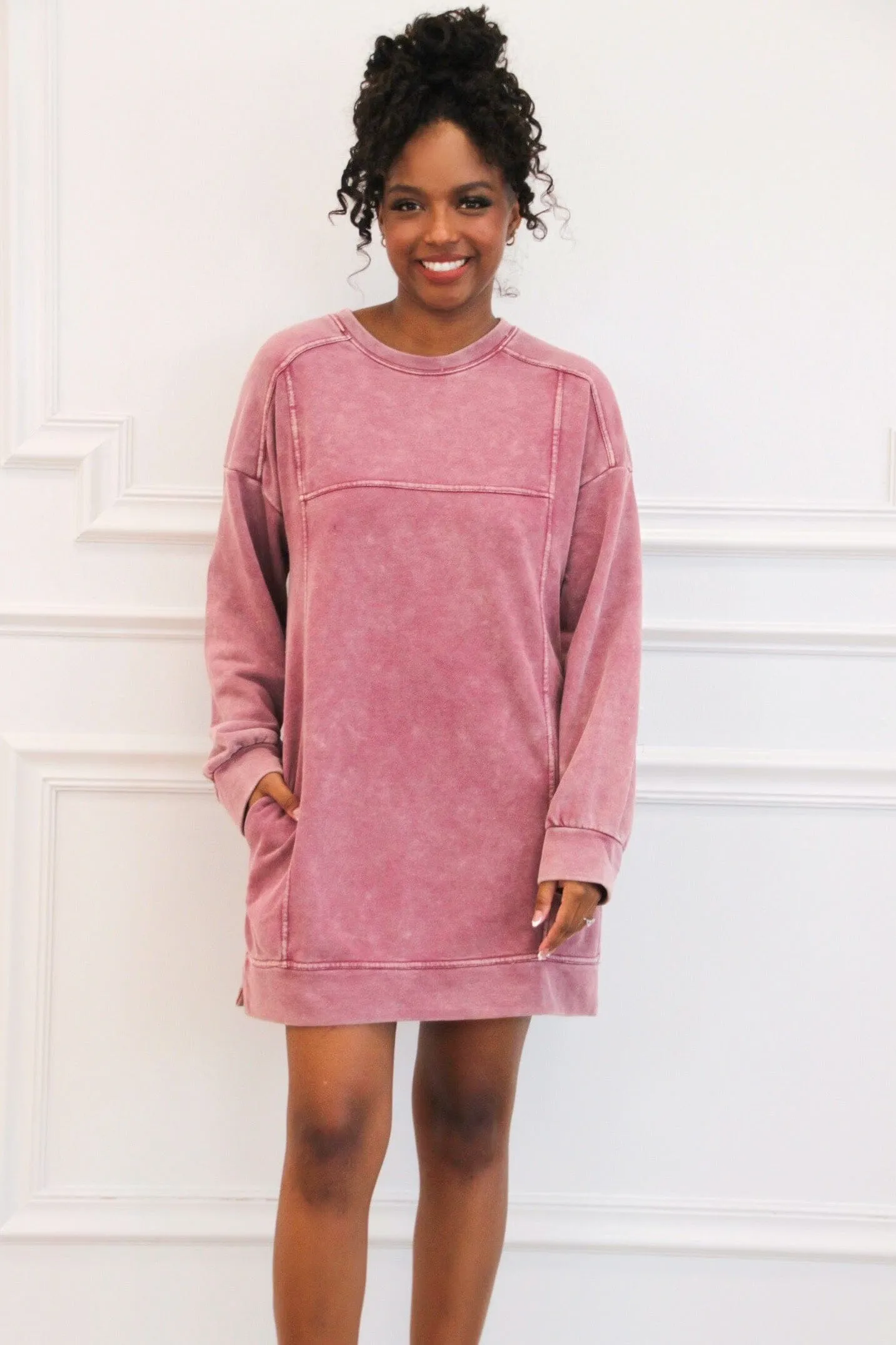 Casual Days Oversized Washed Sweatshirt Tunic Dress: Magenta