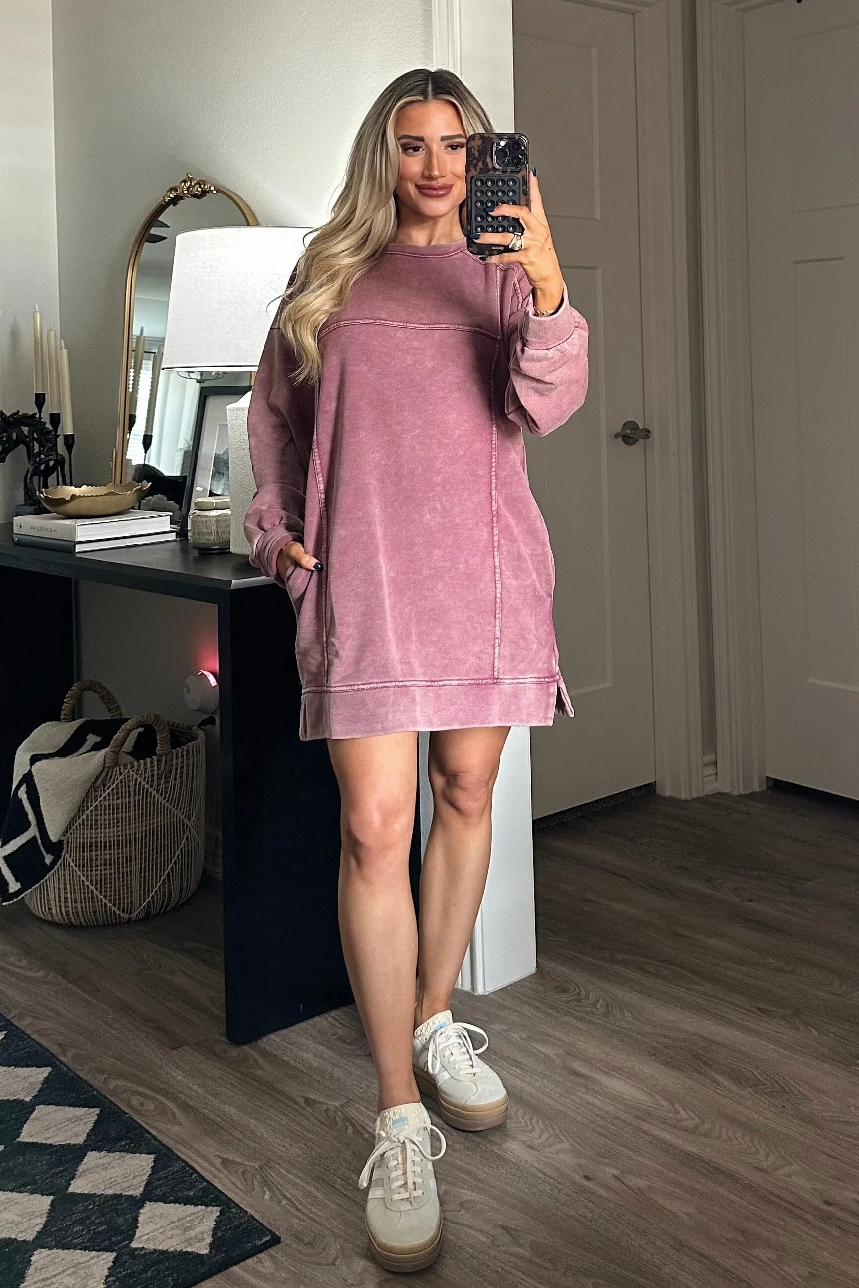 Casual Days Oversized Washed Sweatshirt Tunic Dress: Magenta