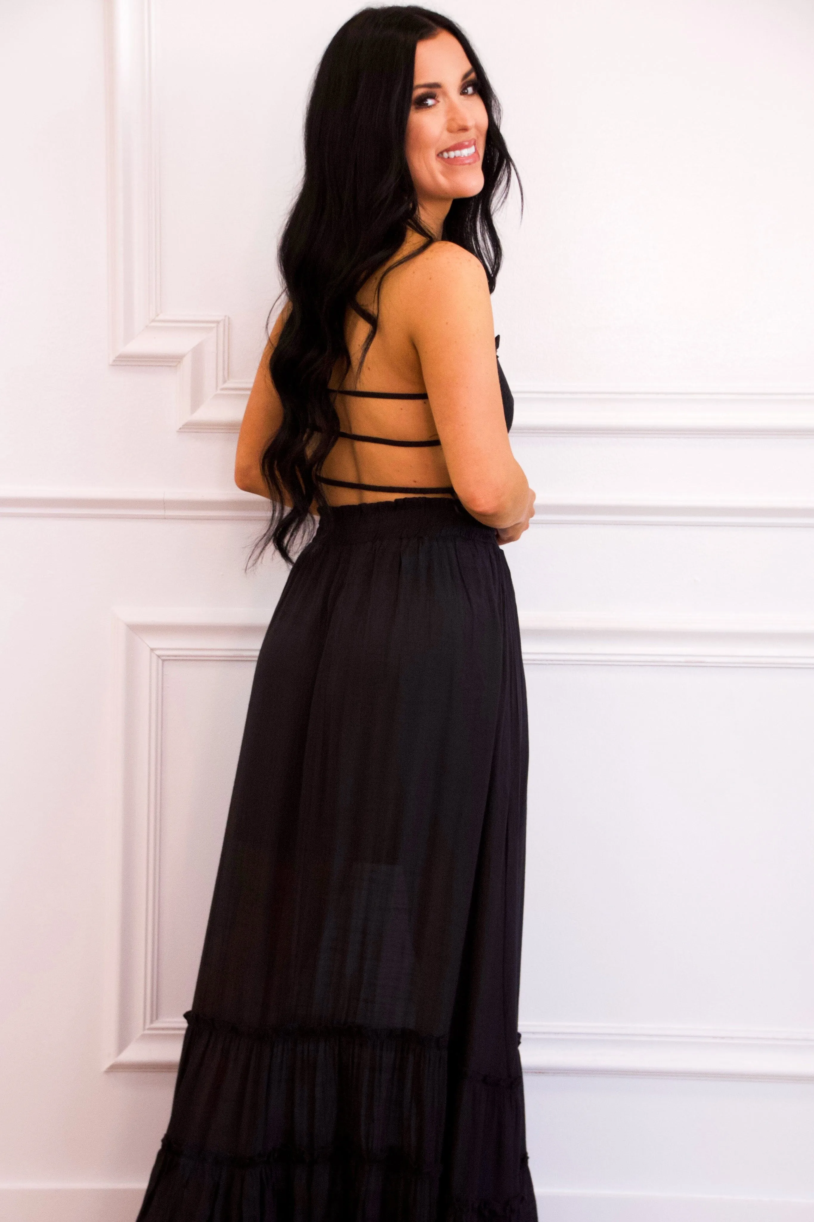 Chandler Smocked Open Back Maxi Dress: Black