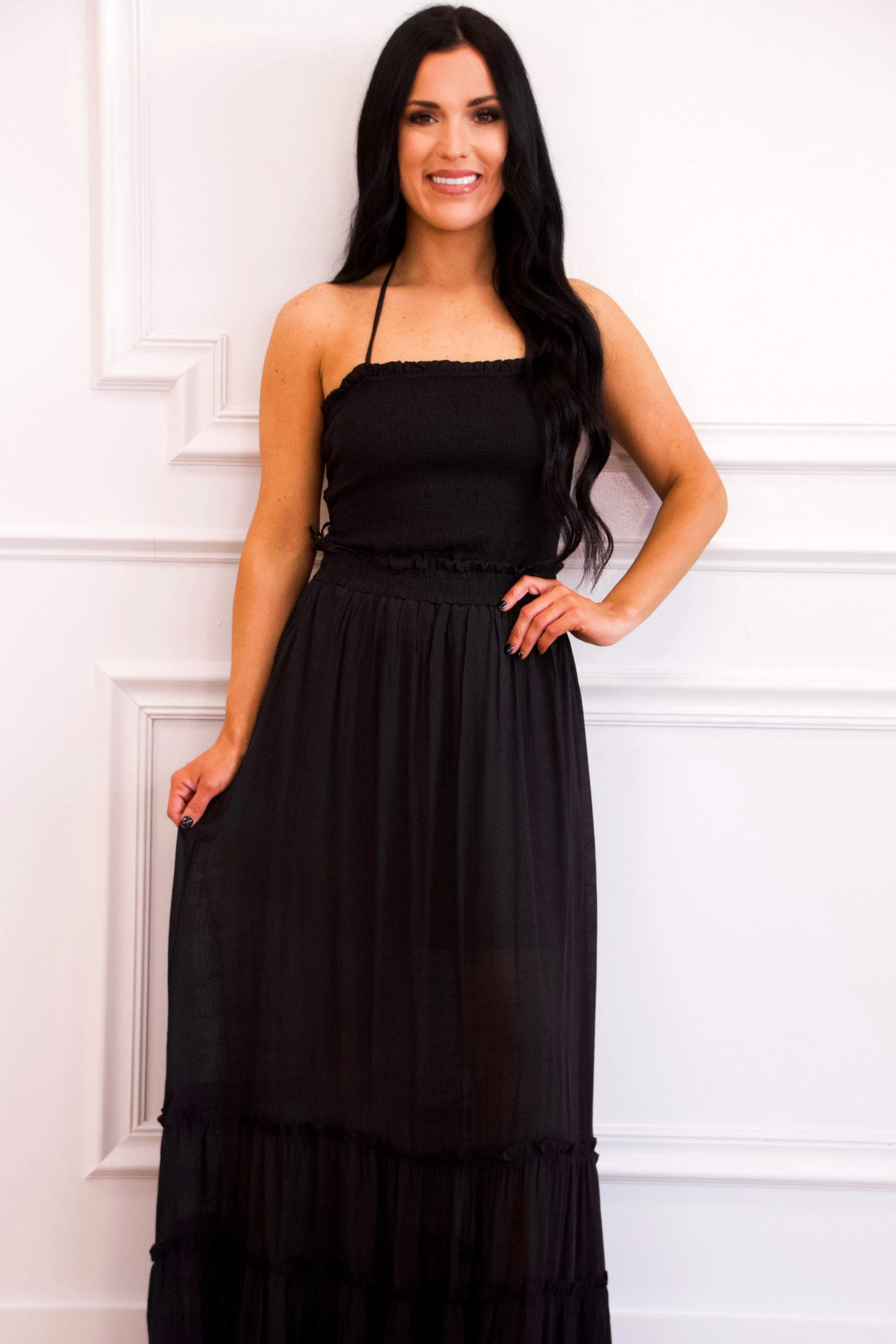 Chandler Smocked Open Back Maxi Dress: Black