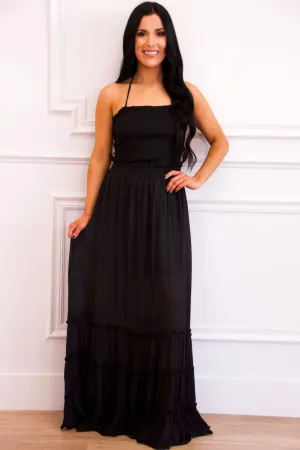 Chandler Smocked Open Back Maxi Dress: Black