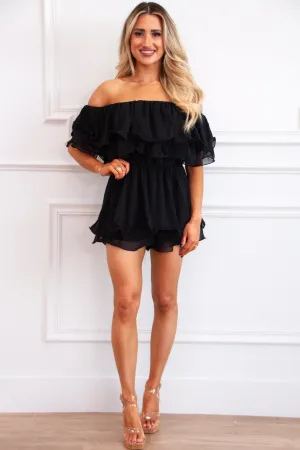 Channing Ruffle Off Shoulder Romper: Black