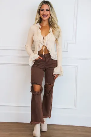 Charlie Ruffle Ribbed Top: Beige