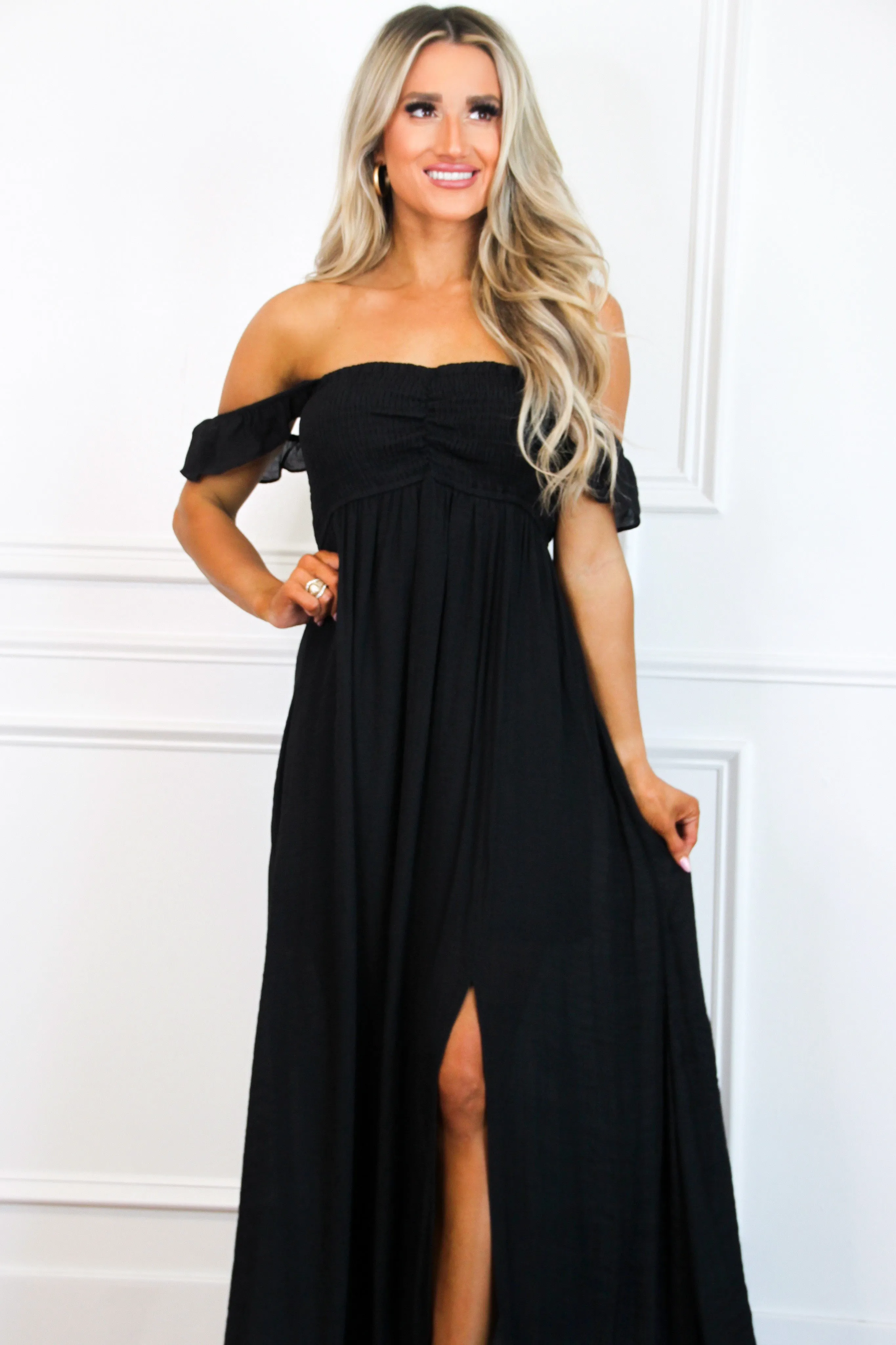 Charlotte Smocked Maxi Dress: Black