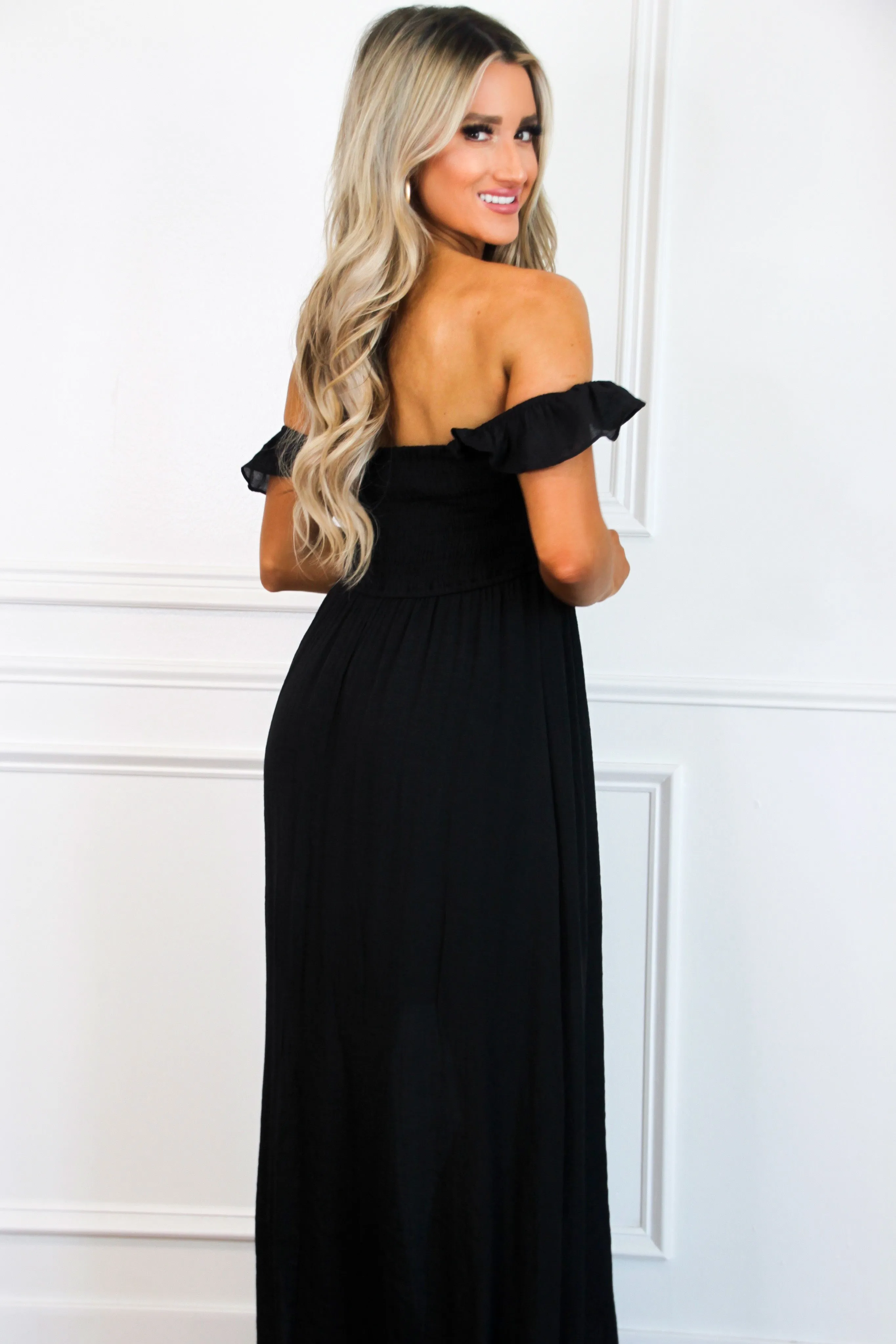 Charlotte Smocked Maxi Dress: Black