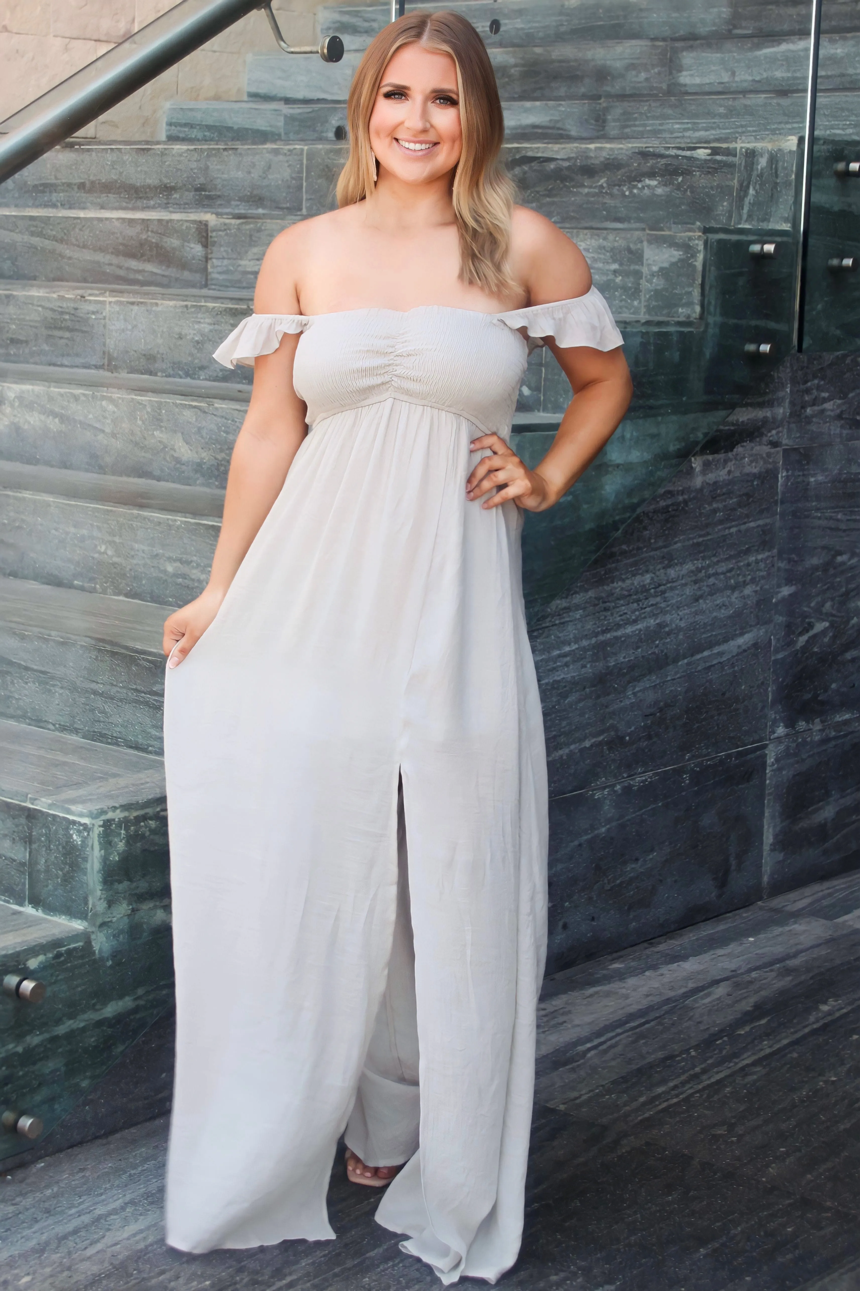 Charlotte Smocked Maxi Dress: Taupe