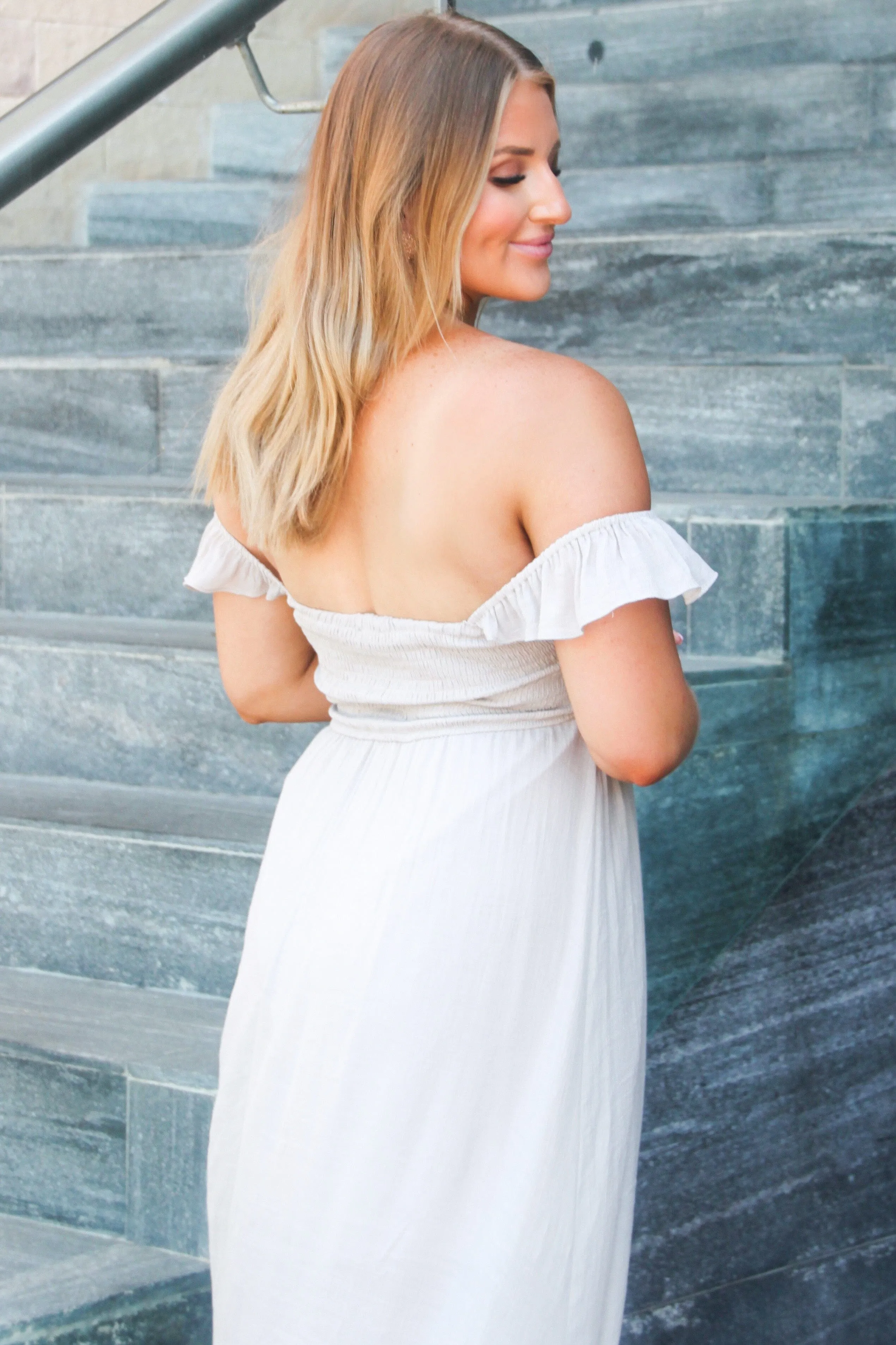 Charlotte Smocked Maxi Dress: Taupe