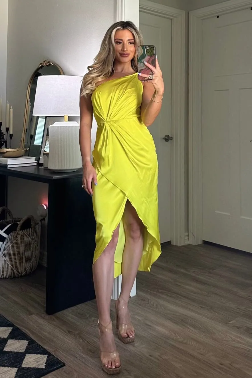 Charming Dedications Satin One Shoulder Midi Dress: Neon Yellow