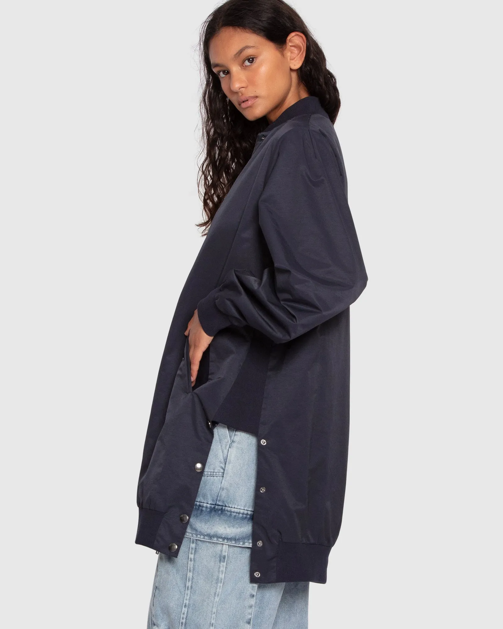 Chasing You Long Bomber Jacket - Navy