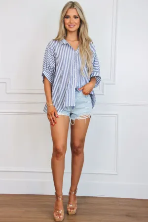 Classic Chic Button Down Striped Top: Blue/White