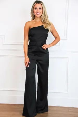 Classic Cutie One Shoulder Satin Jumpsuit: Black