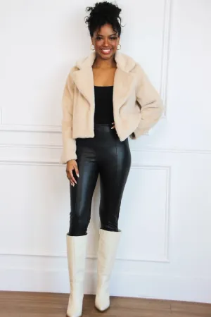 Cline Faux Fur Cropped Jacket: Taupe