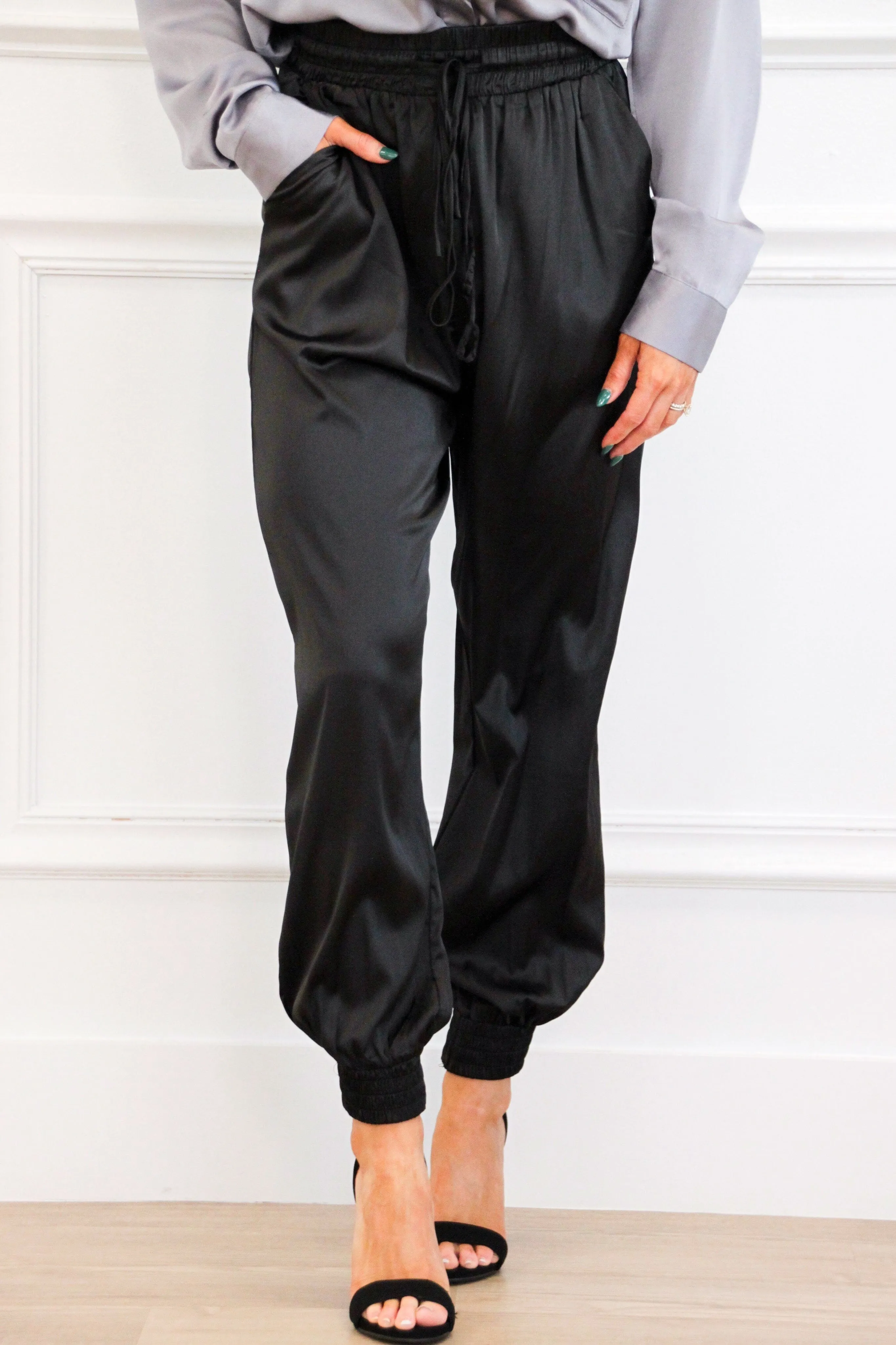 Cool Girl Satin Joggers: Black