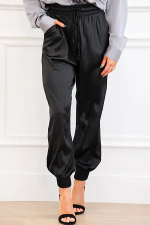 Cool Girl Satin Joggers: Black