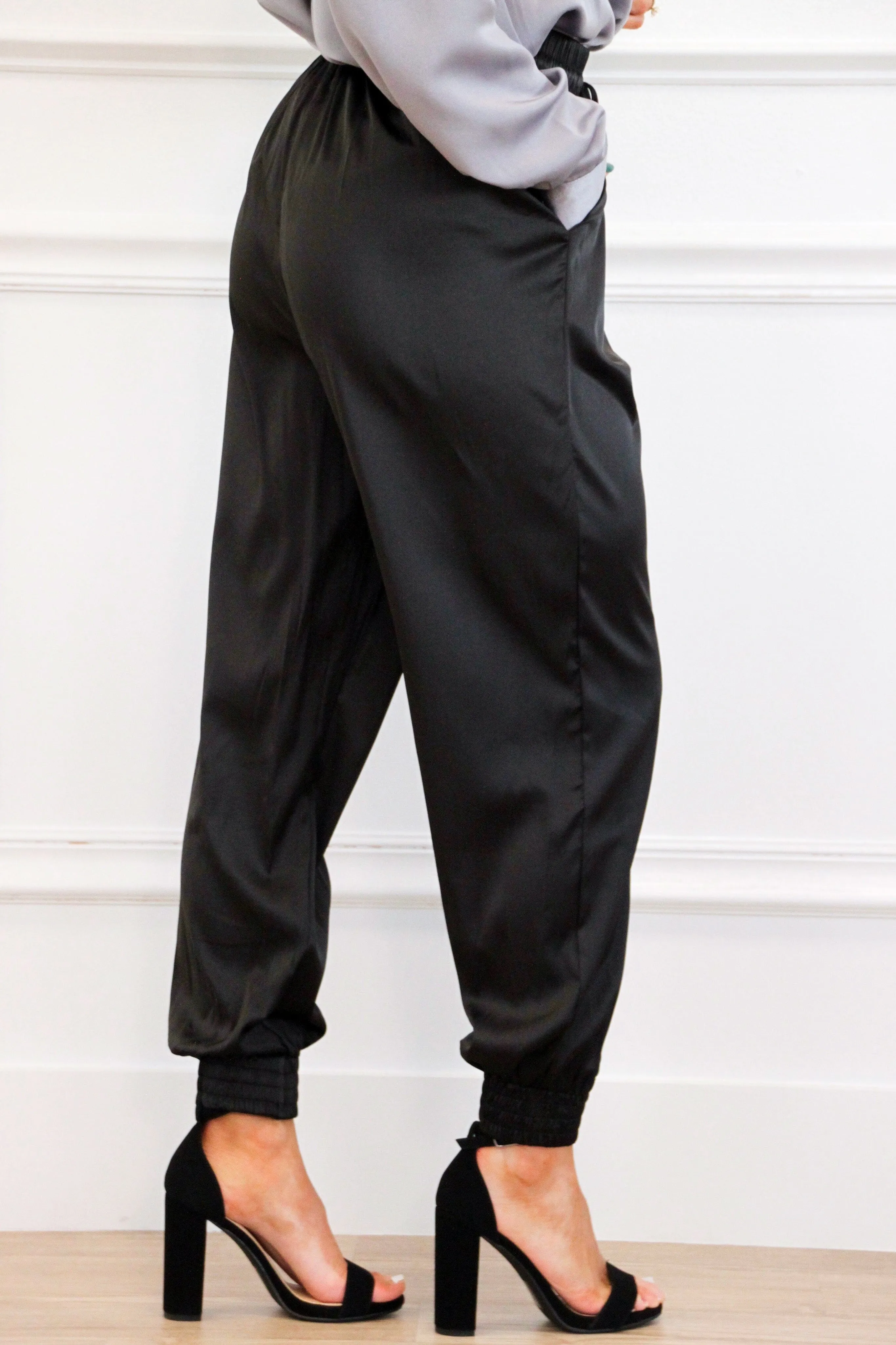Cool Girl Satin Joggers: Black