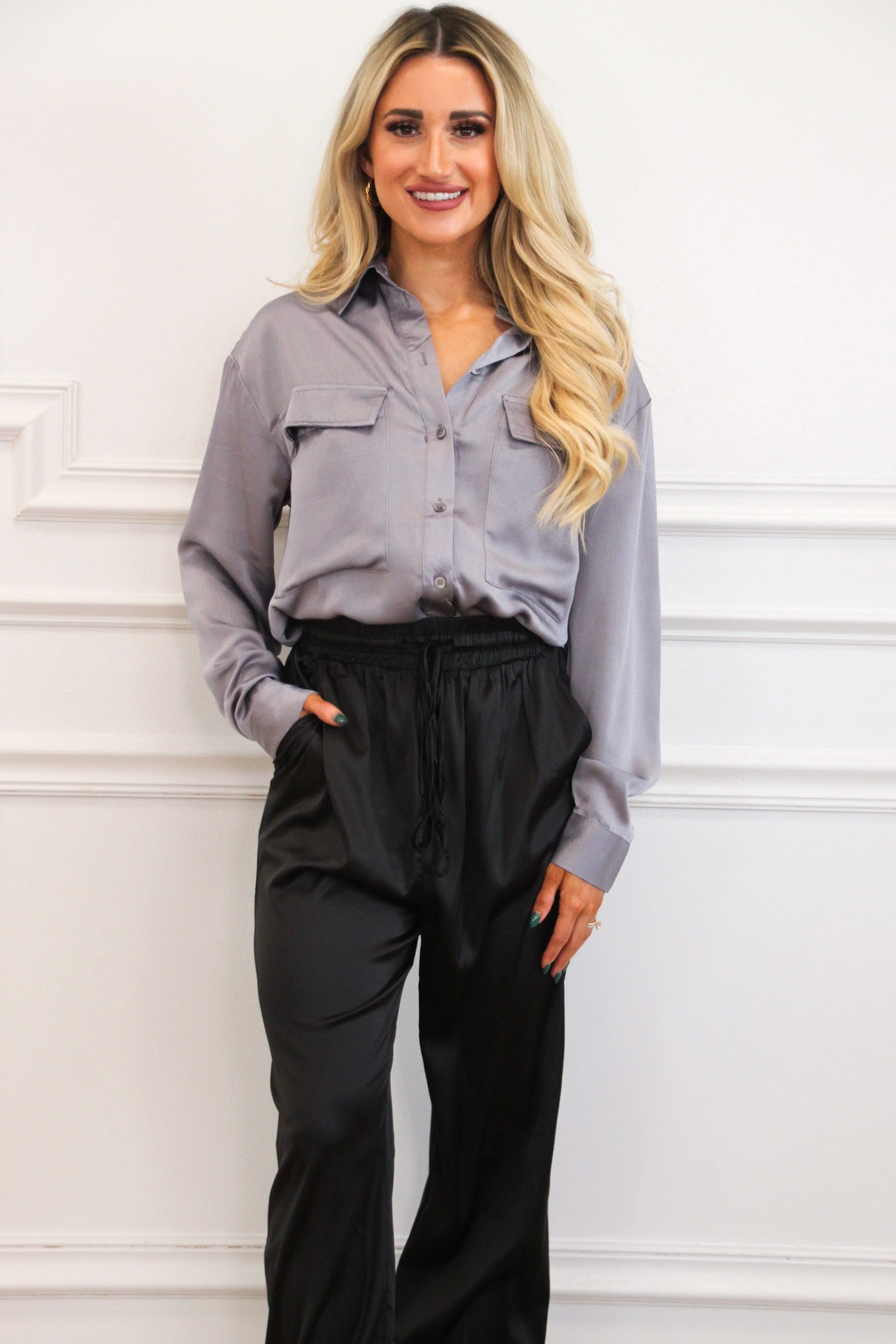 Cool Girl Satin Joggers: Black