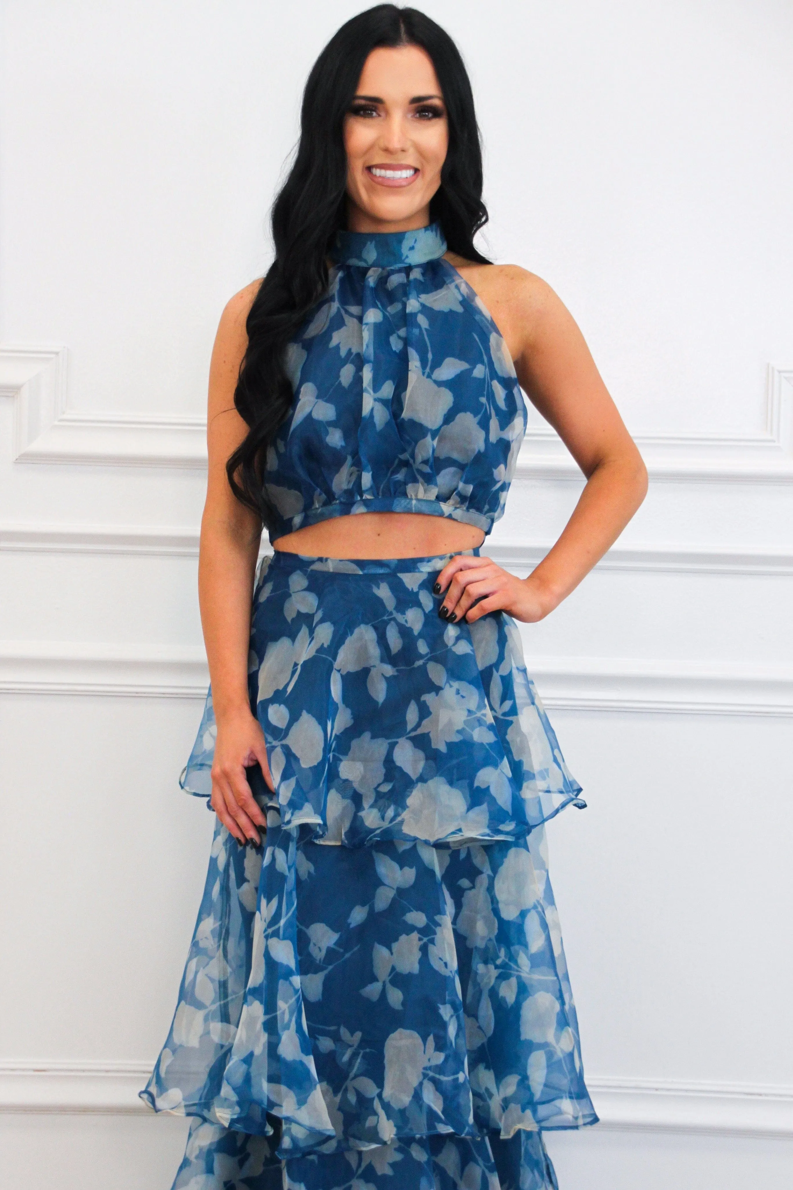 Cordelia High Neck Floral Ruffle Two Piece Maxi Set: Teal Navy
