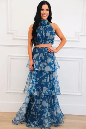 Cordelia High Neck Floral Ruffle Two Piece Maxi Set: Teal Navy
