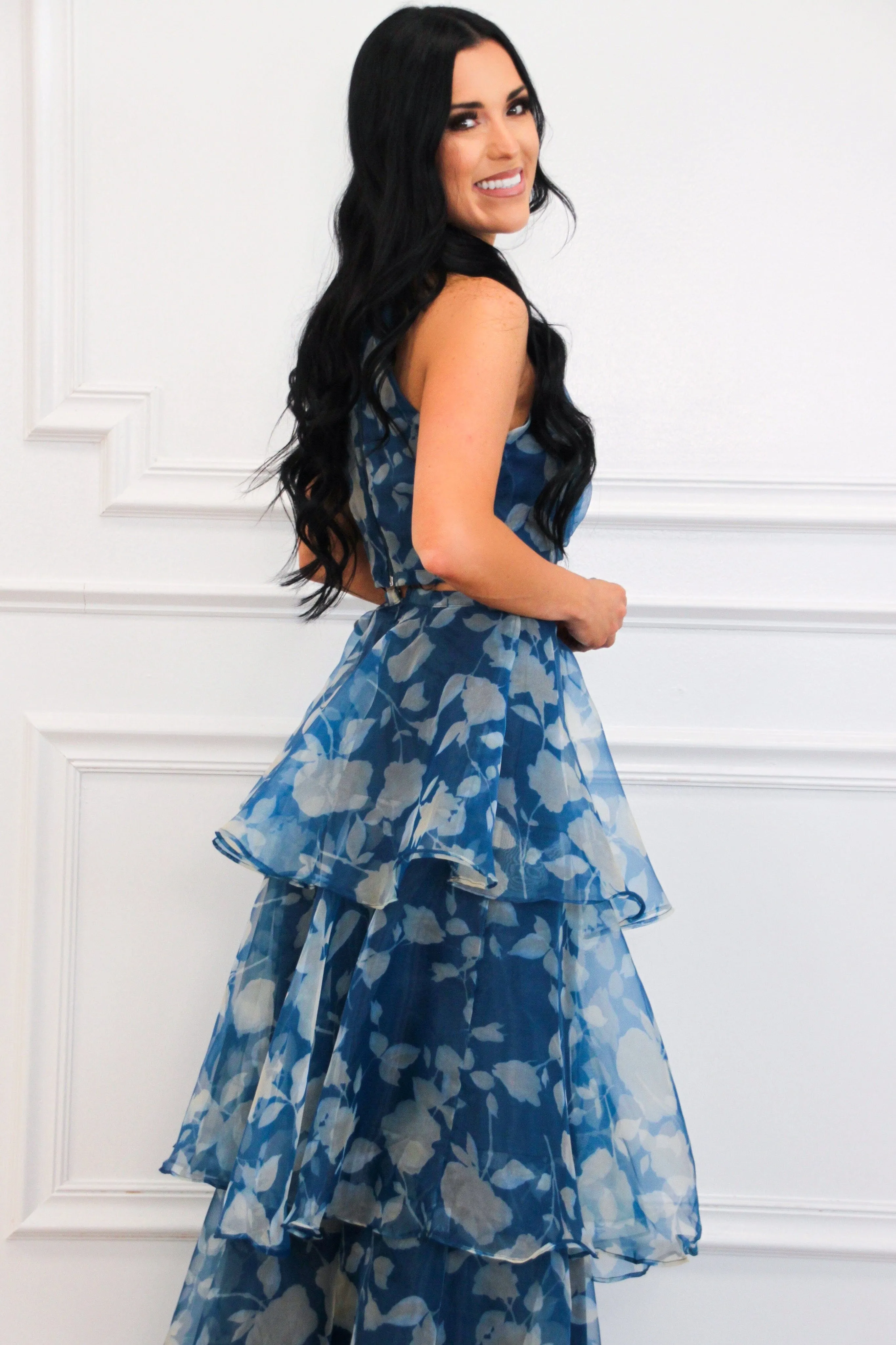 Cordelia High Neck Floral Ruffle Two Piece Maxi Set: Teal Navy