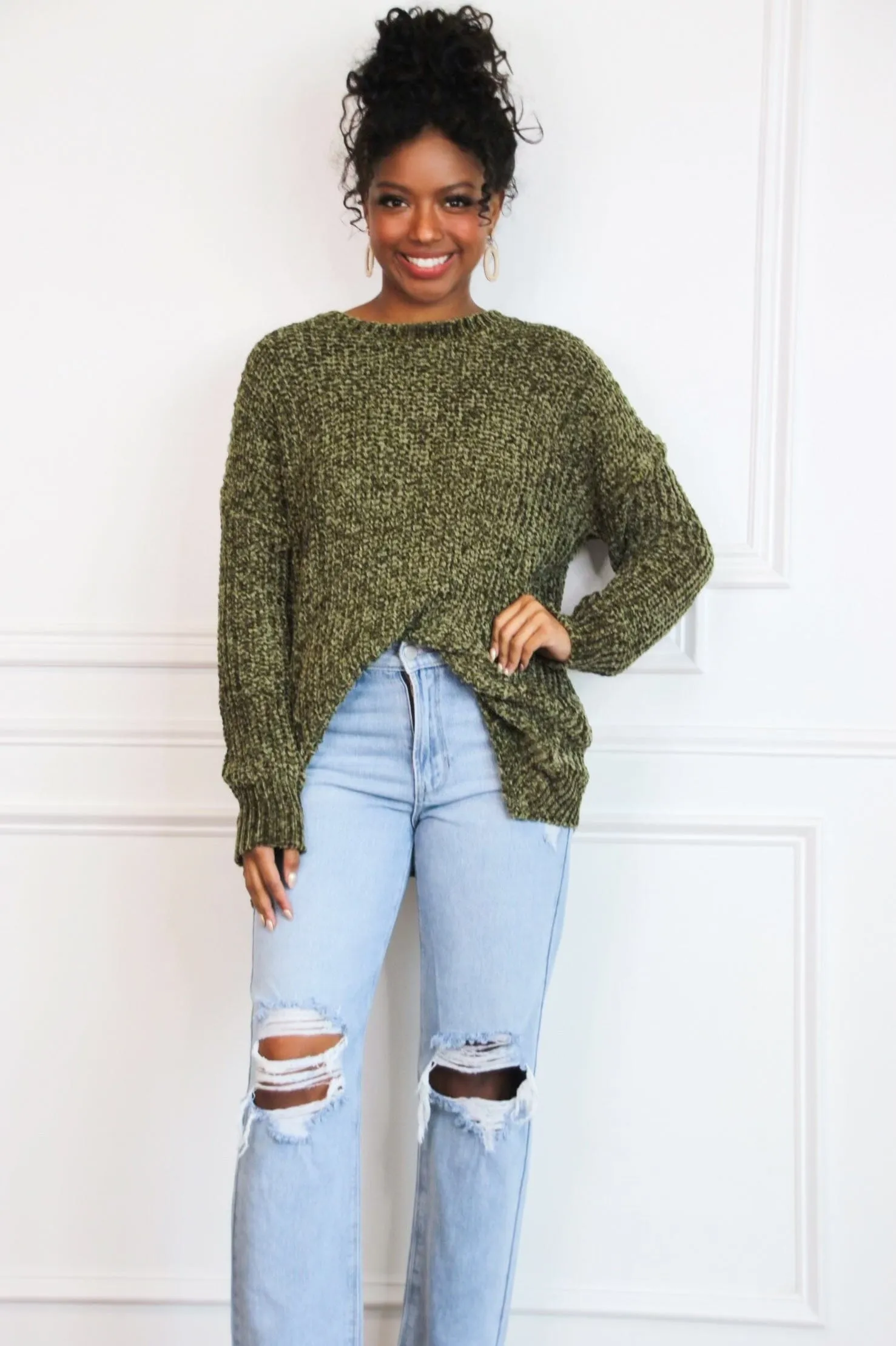 Cozy Crush Oversized Chenille Sweater: Olive