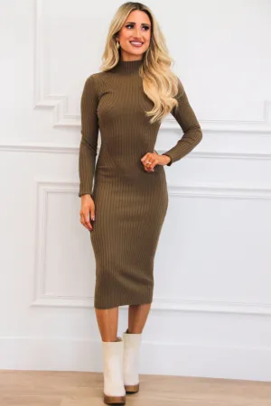 Crisp Air Ribbed Turtleneck Midi Dress: Olive