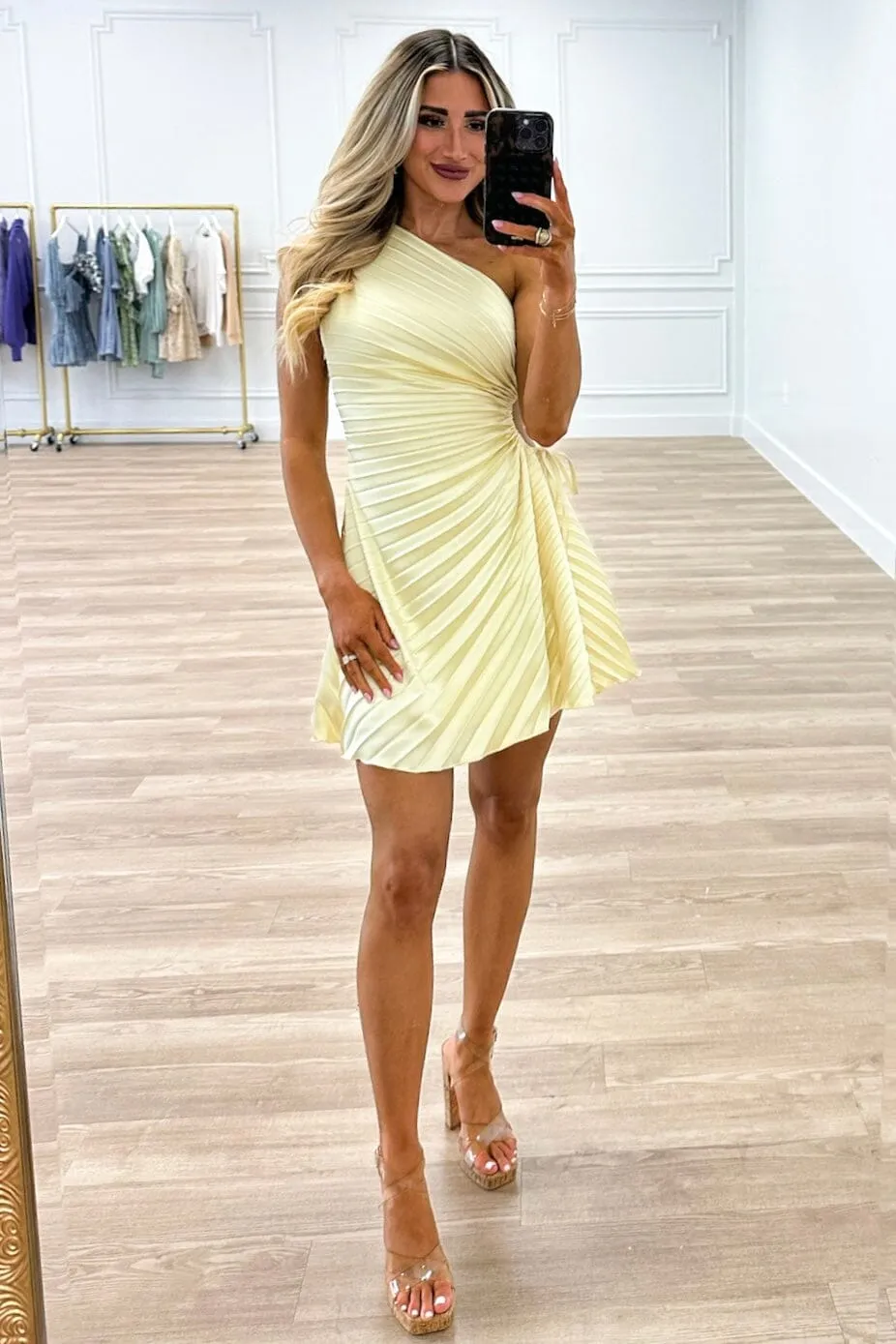 Darling Dreamer Pleated One Shoulder Dress: Butter Yellow