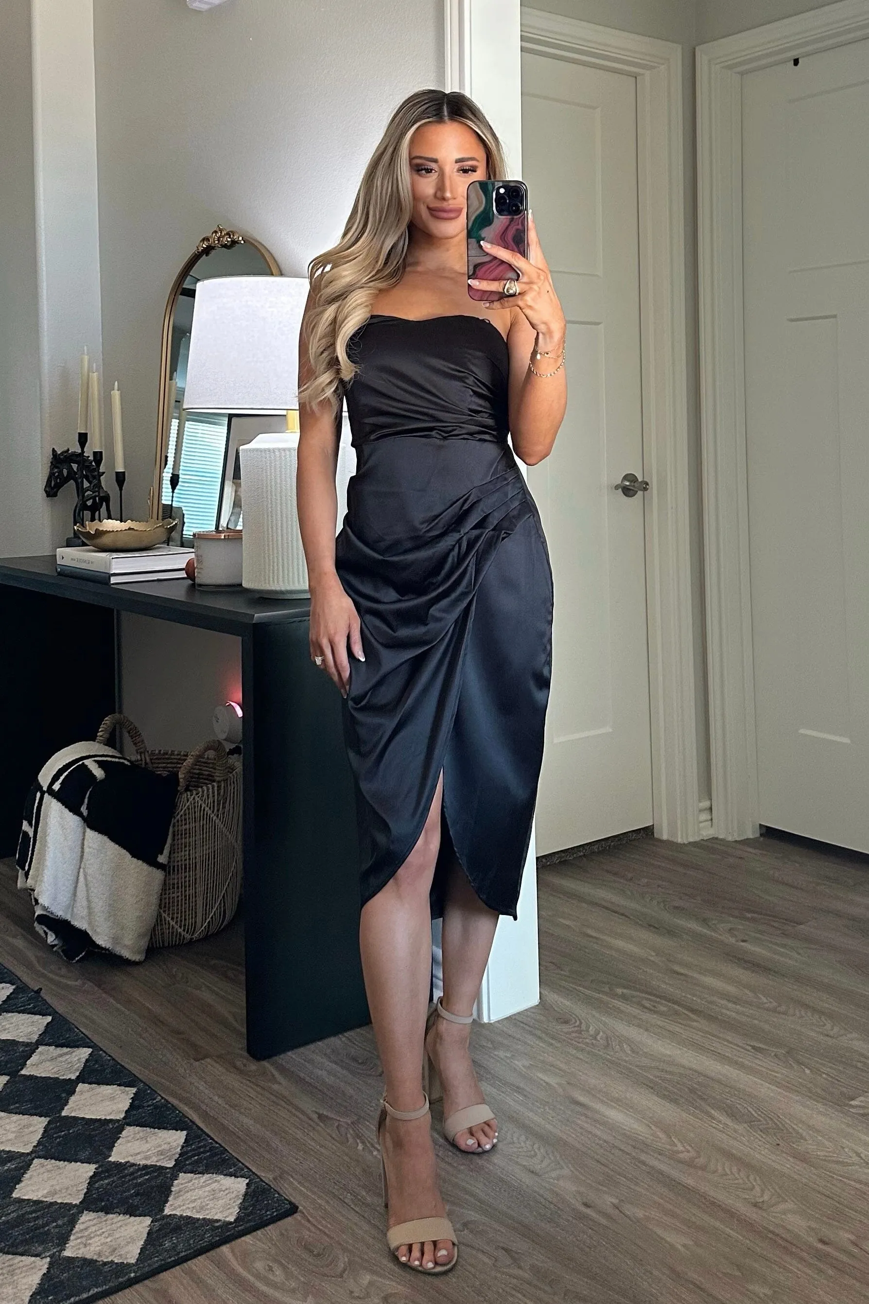 Delia Strapless Satin Dress: Black