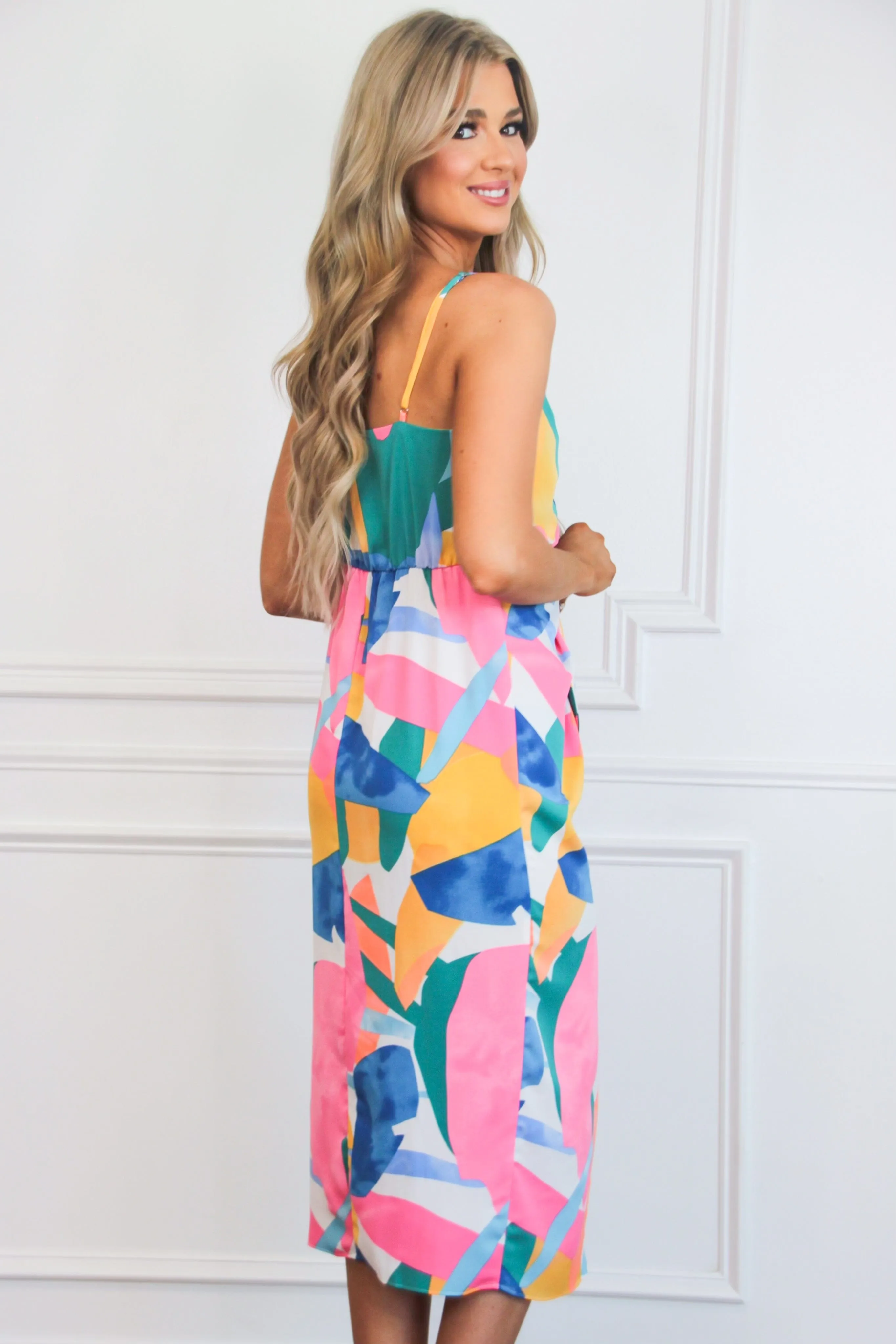 Devan Abstract Bow Midi Dress: Teal/Pink Multi