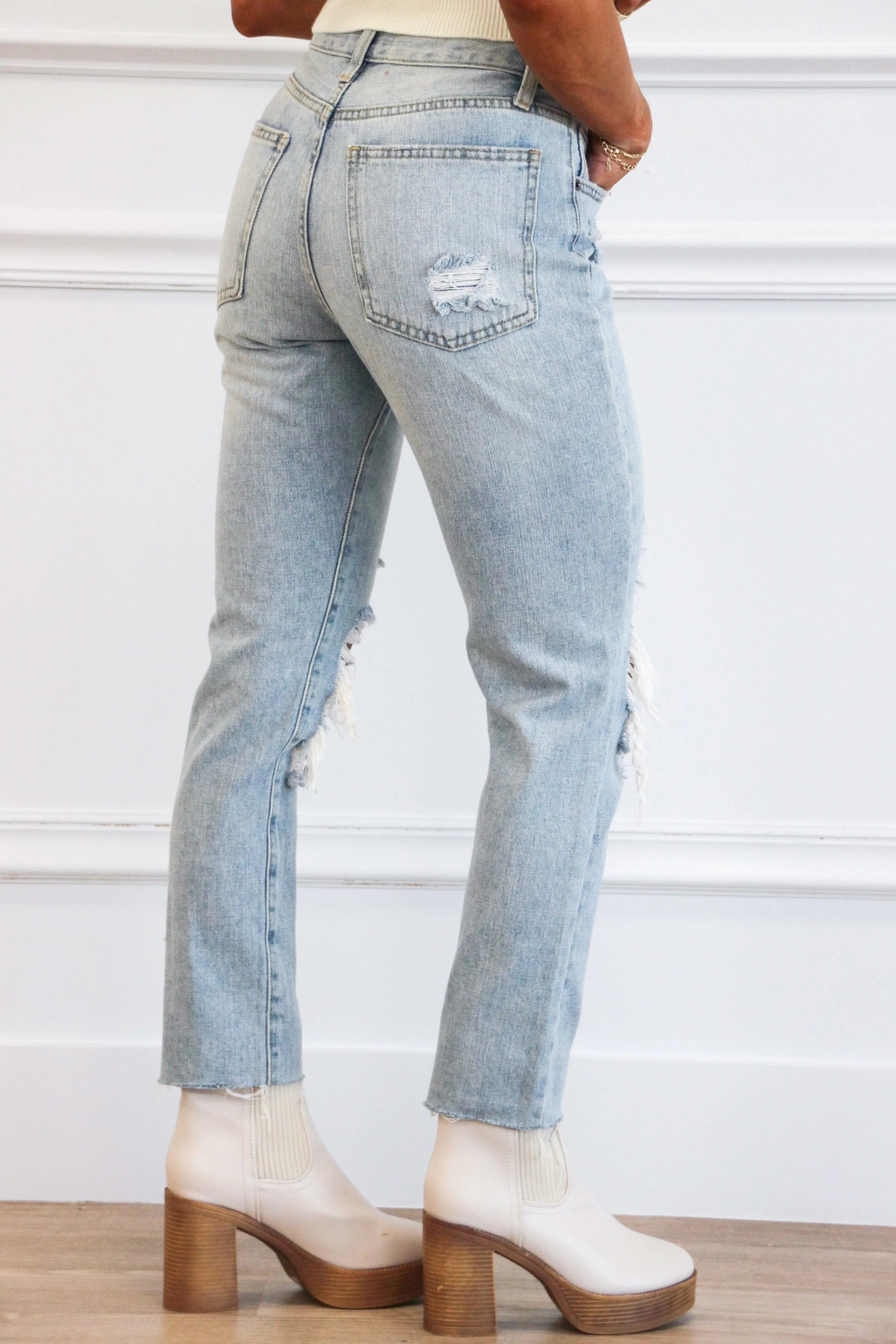 Devin Distressed High Waisted Straight Denim: Light Wash