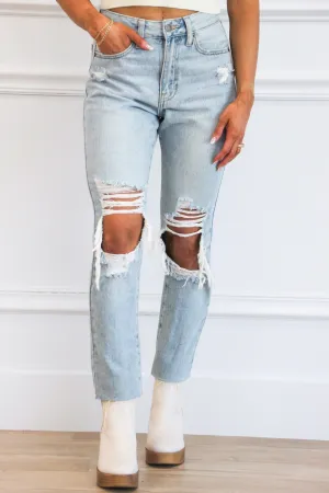 Devin Distressed High Waisted Straight Denim: Light Wash