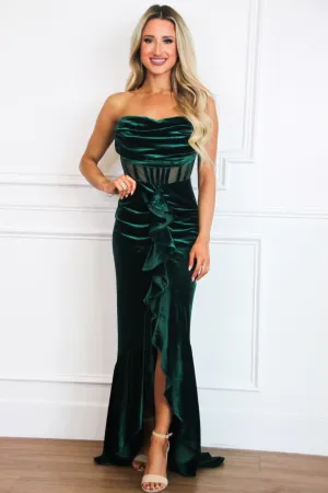 Dimarco Velvet Ruffle Bustier Maxi Dress: Emerald