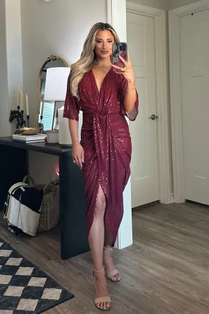 Don't Fade Away Midi Dress: Burgundy SEQUIN