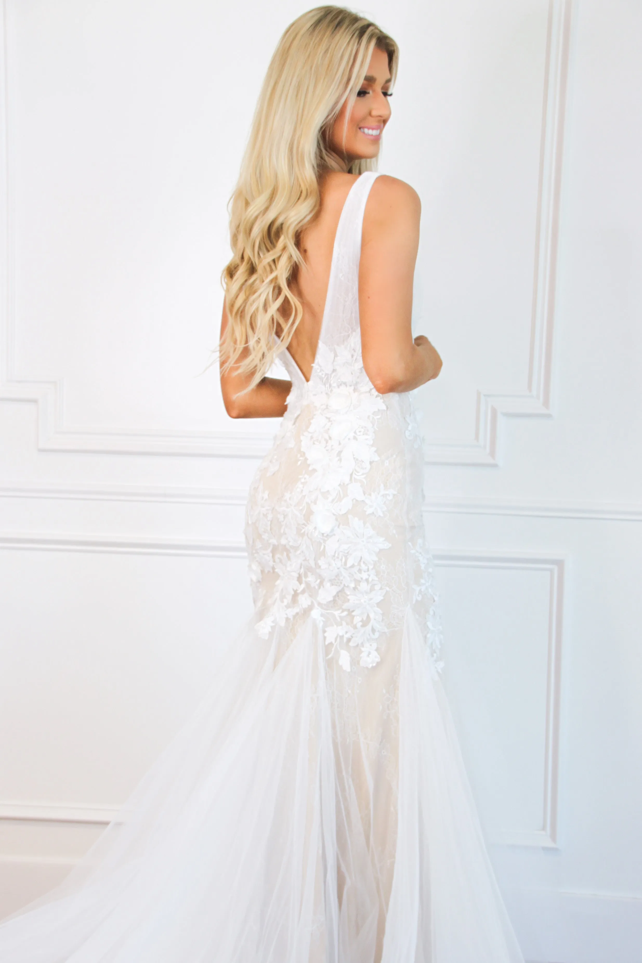 Dream Come True Lace Mermaid Wedding Dress: White/Nude