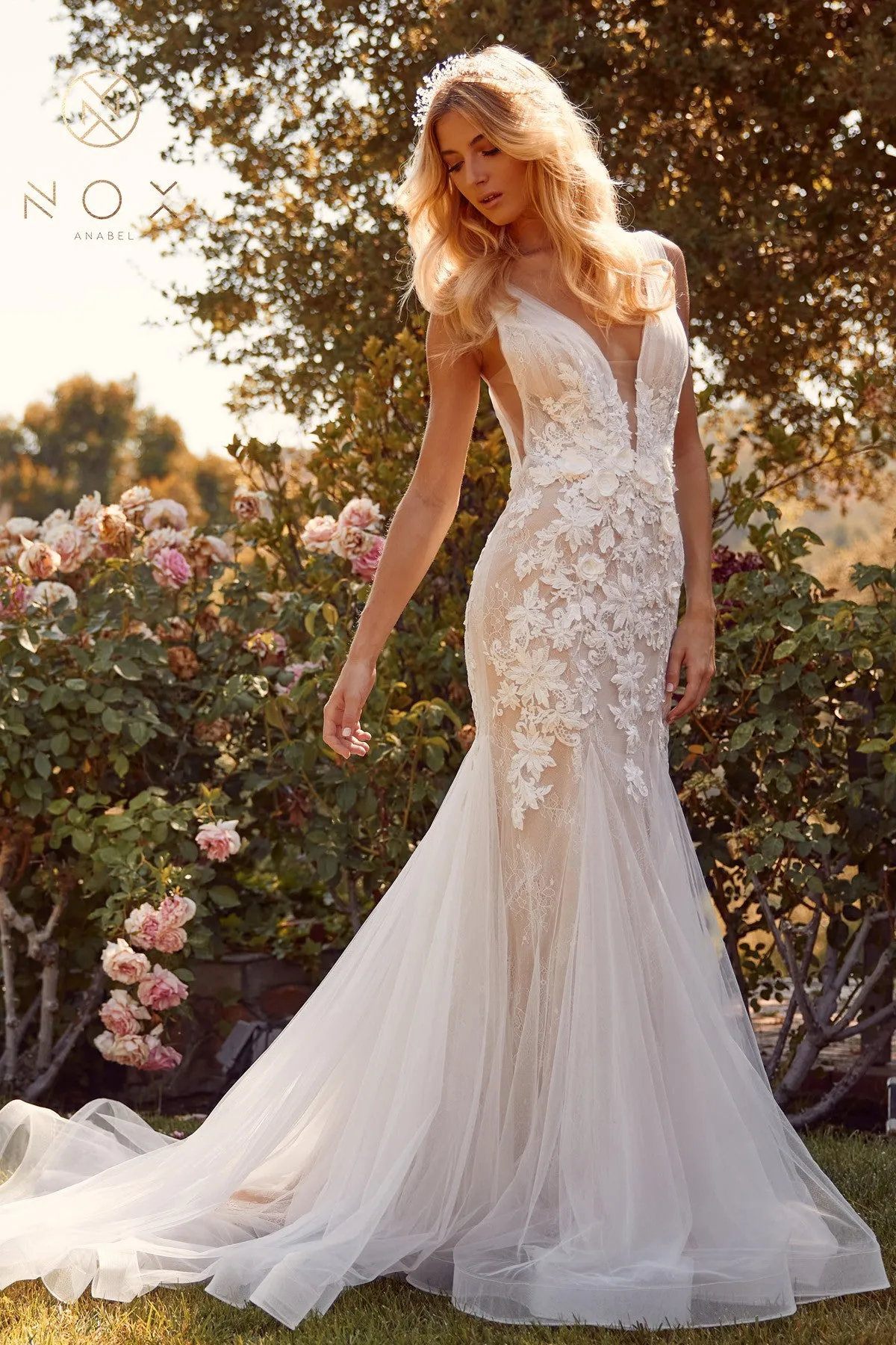 Dream Come True Lace Mermaid Wedding Dress: White/Nude