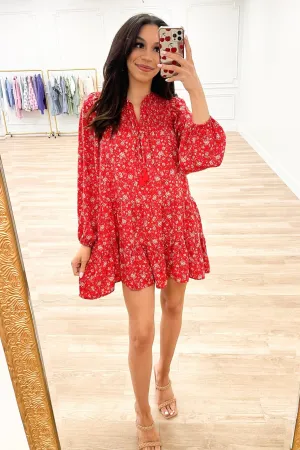 Easy Breezy Floral Ruffle Dress: Red