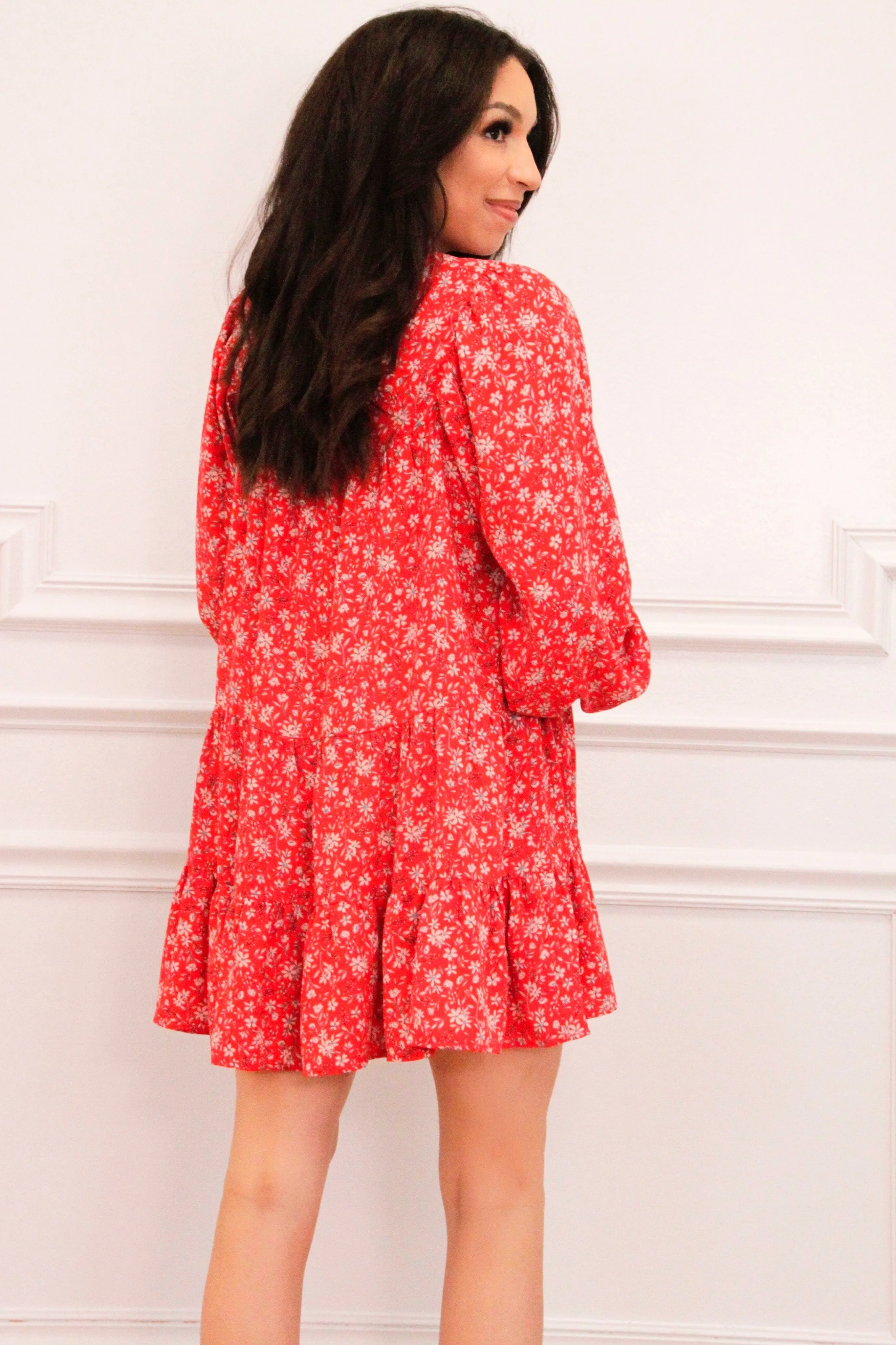 Easy Breezy Floral Ruffle Dress: Red