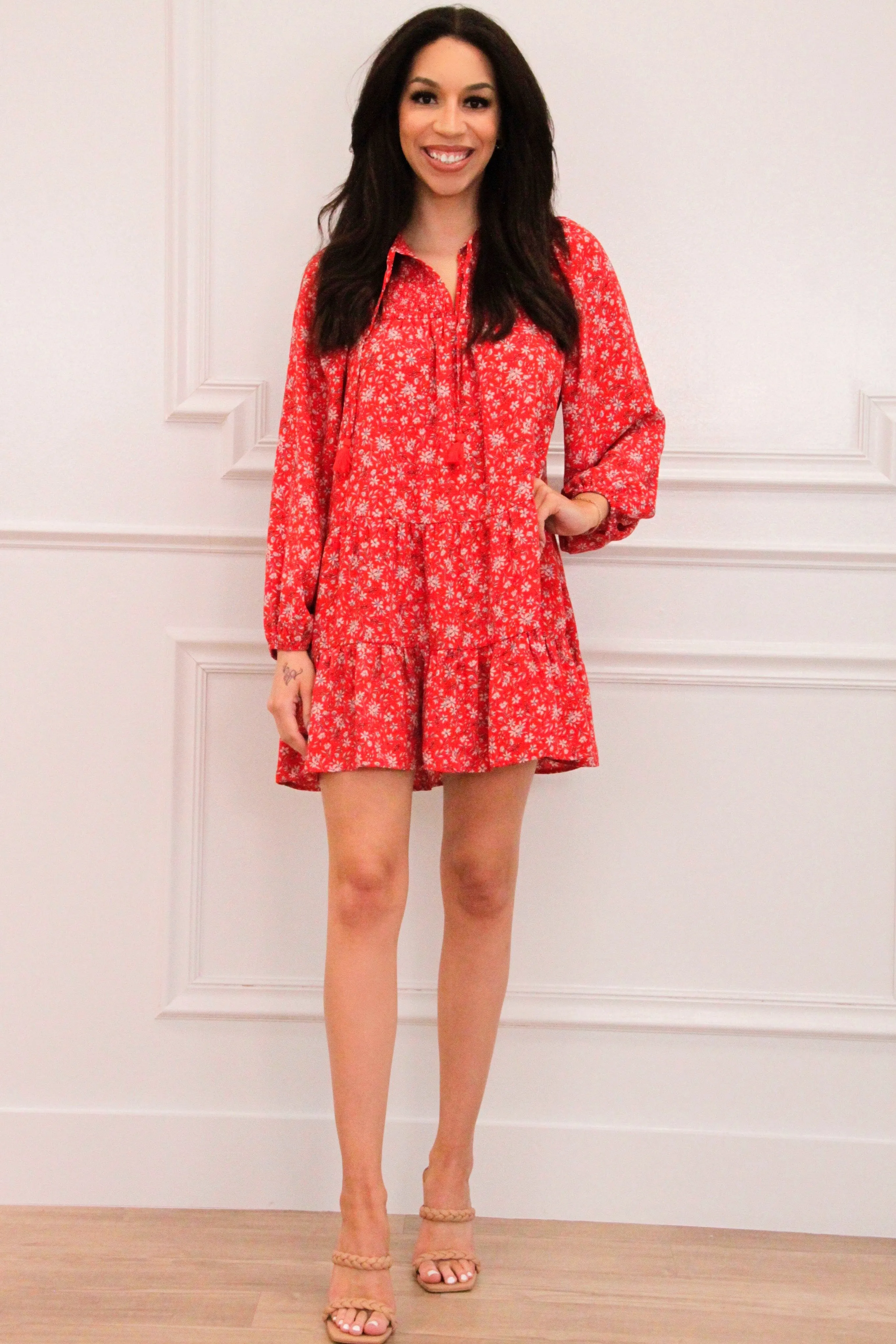 Easy Breezy Floral Ruffle Dress: Red