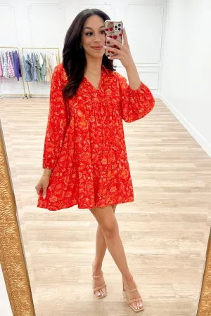 Easy Breezy Floral Ruffle Dress: Tomato Red