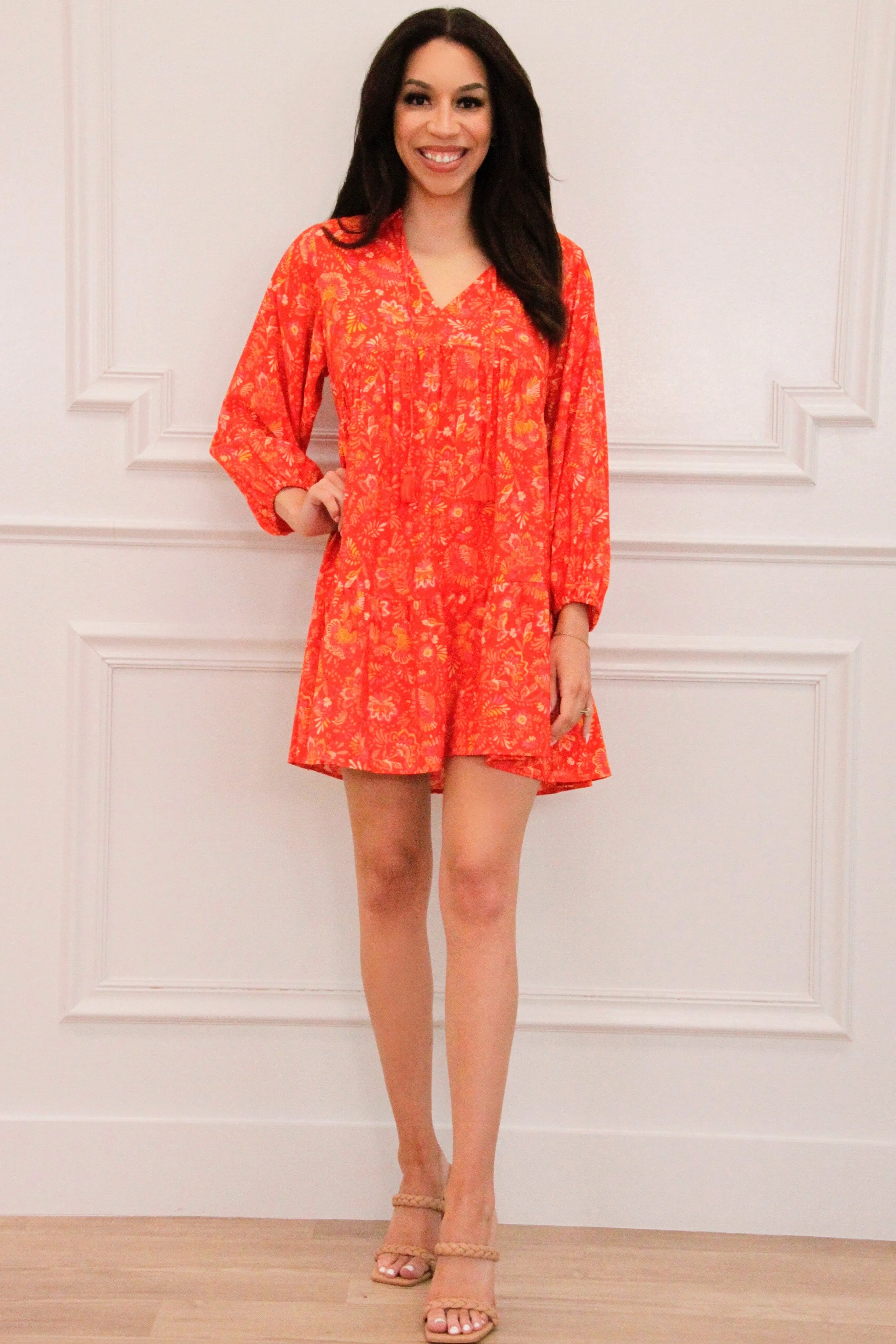 Easy Breezy Floral Ruffle Dress: Tomato Red