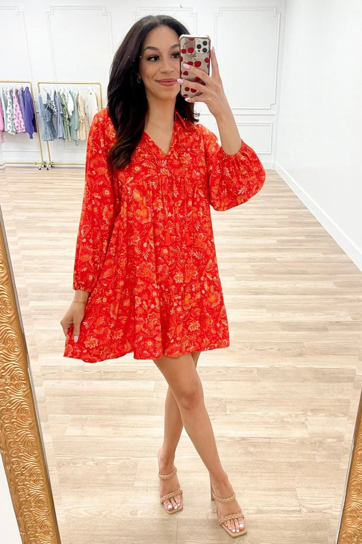 Easy Breezy Floral Ruffle Dress: Tomato Red