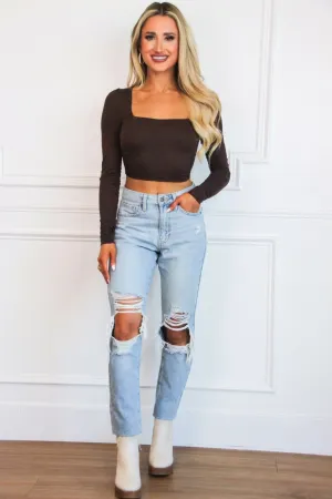 Easy Street Square Neck Open Back Crop Top: Chocolate Brown