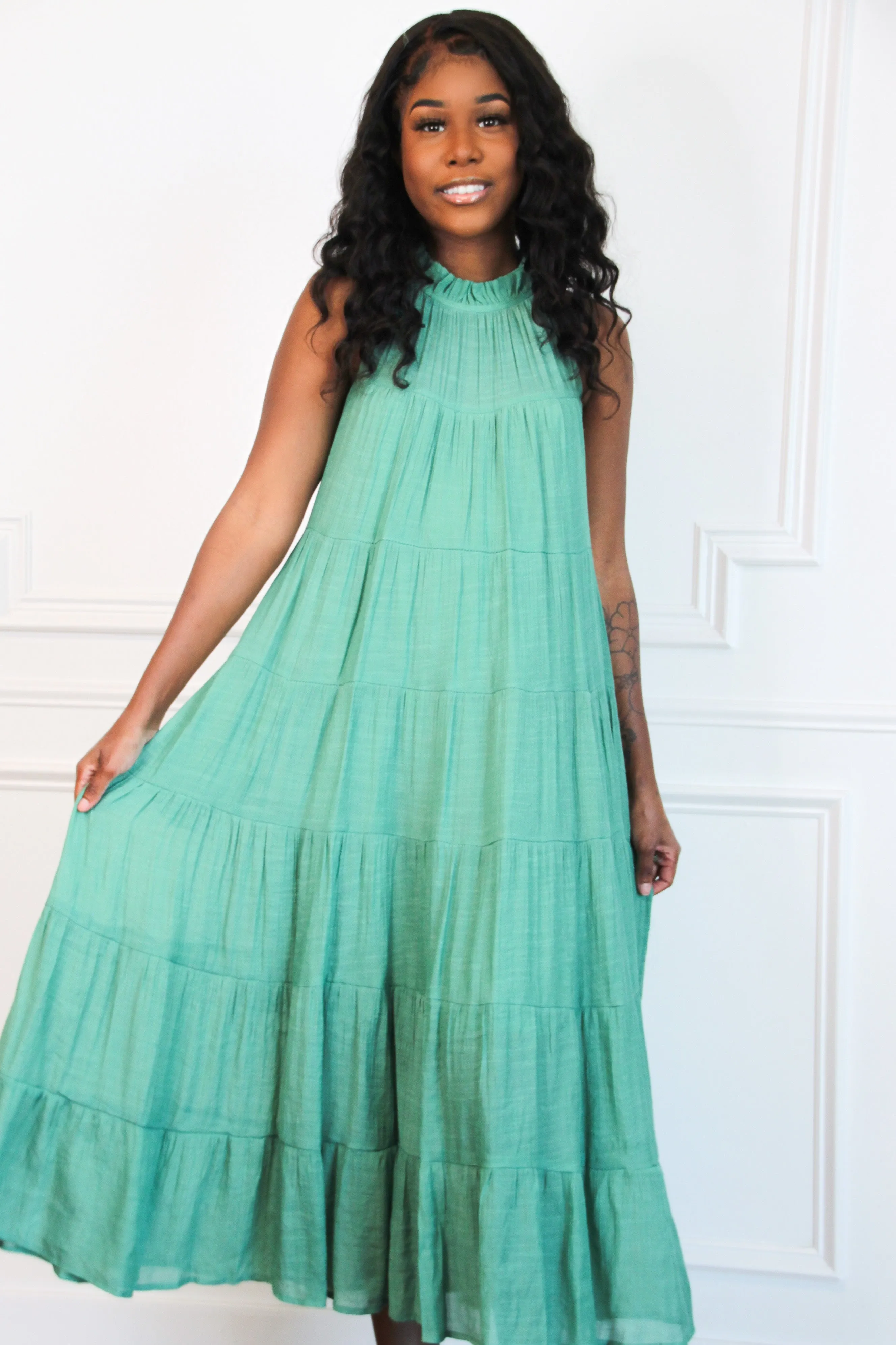Effortlessly You High Neck Maxi Dress: Jade